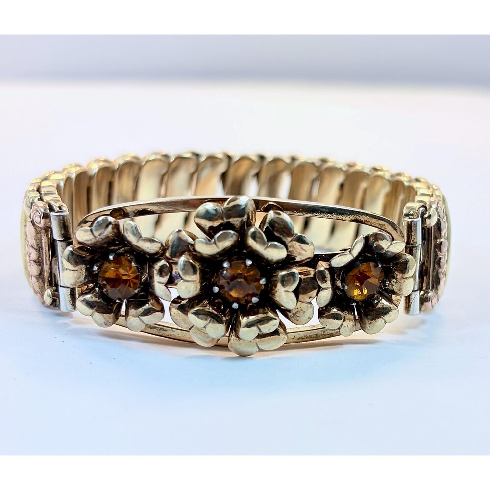 Sweetheart Bracelet, Vintage Expansion Gold Filled Rose Gold Two Tone Rhinestone